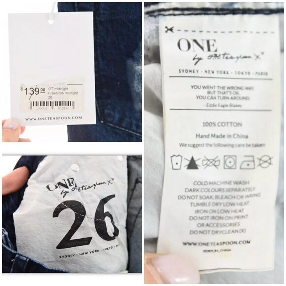 One Teaspoon Sz 26 Trashed Freebirds Crop Denim Jeans Skinny Dark Blue Women NWT - Picture 10 of 12